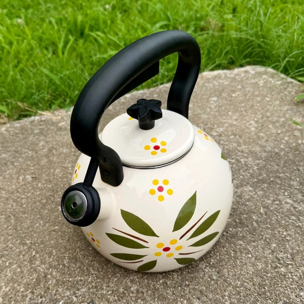 Temp-tations by Tara Old World Floral Enamel‎ Whistling Tea Kettle Cream 2qt